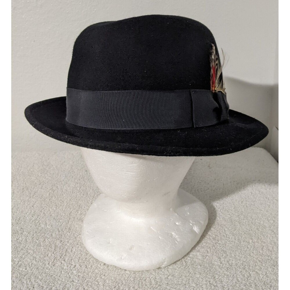 Vintage Black Broner Lite Felt 100% Wool WPL5923 Sz L Hat With Feathers Made USA